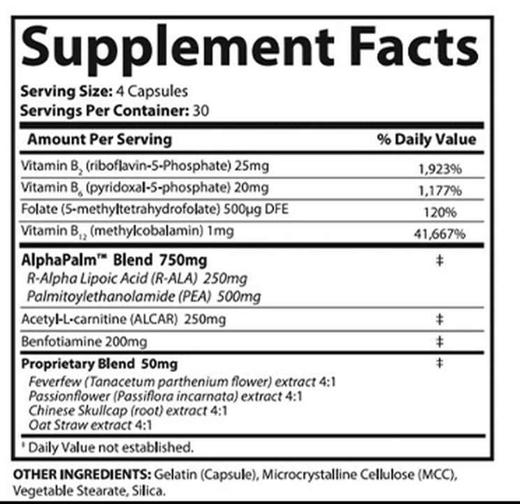 The SciatiEase Supplement Facts panel: serving size 4 capsules, 30 servings, four B vitamins, the AlphaPalm Blend, ALCAR, benfotiamine, a 50 mg proprietary blend and other ingredients