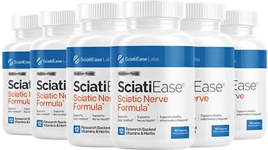 6 white SciatiEase bottles with the blue label band
