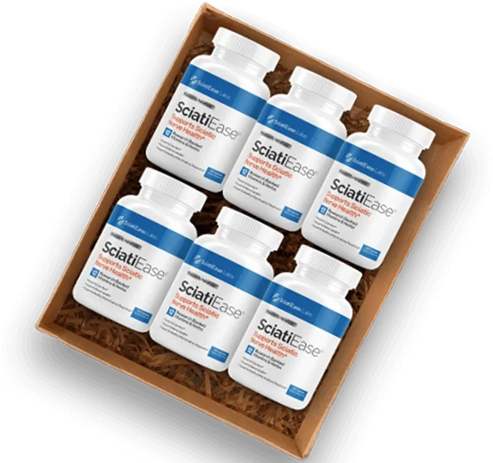 A cardboard shipping box packed with six SciatiEase bottles, seen from above